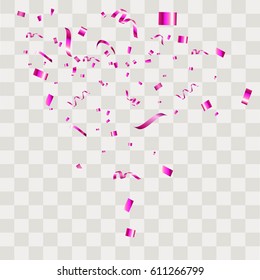 Purple confetti vector festive falling shiny isolated on transparent checkered background.Concept for holiday decorative tinsel element and copy space your design.