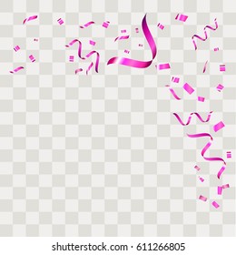 Purple confetti vector festive falling shiny isolated on transparent checkered background.Concept for holiday decorative tinsel element and copy space your design.