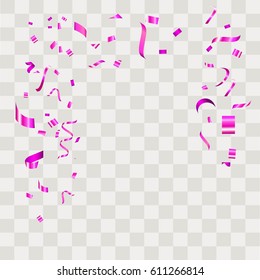 Purple confetti vector festive falling shiny isolated on transparent checkered background.Concept for holiday decorative tinsel element and copy space your design.