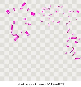 Purple confetti vector festive falling shiny isolated on transparent checkered background.Concept for holiday decorative tinsel element and copy space your design.