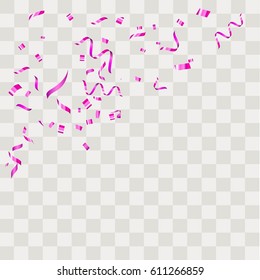 Purple confetti vector festive falling shiny isolated on transparent checkered background.Concept for holiday decorative tinsel element and copy space your design.