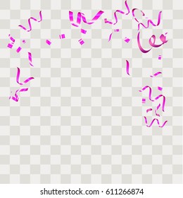 Purple confetti vector festive falling shiny isolated on transparent checkered background.Concept for holiday decorative tinsel element and copy space your design.