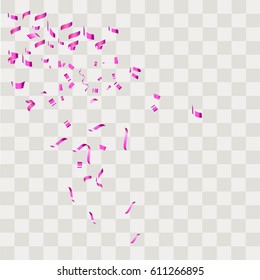 Purple confetti vector festive falling shiny isolated on transparent checkered background.Concept for holiday decorative tinsel element and copy space your design.