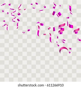 Purple confetti vector festive falling shiny isolated on transparent checkered background.Concept for holiday decorative tinsel element and copy space your design.