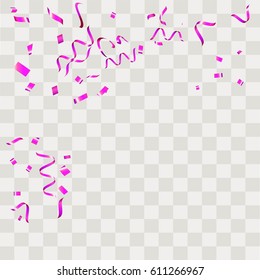 Purple confetti vector festive falling shiny isolated on transparent checkered background.Concept for holiday decorative tinsel element and copy space your design.