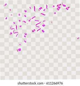 Purple confetti vector festive falling shiny isolated on transparent checkered background.Concept for holiday decorative tinsel element and copy space your design.