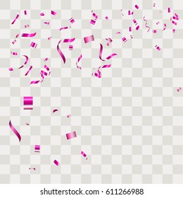 Purple confetti vector festive falling shiny isolated on transparent checkered background.Concept for holiday decorative tinsel element and copy space your design.