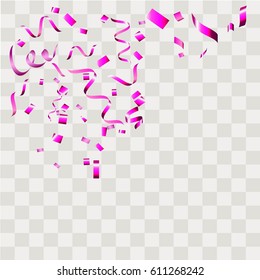 Purple confetti vector festive falling shiny isolated on transparent checkered background.Concept for holiday decorative tinsel element and copy space your design.
