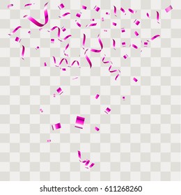 Purple confetti vector festive falling shiny isolated on transparent checkered background.Concept for holiday decorative tinsel element and copy space your design.