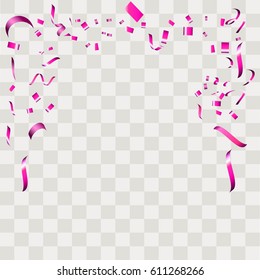 Purple confetti vector festive falling shiny isolated on transparent checkered background.Concept for holiday decorative tinsel element and copy space your design.