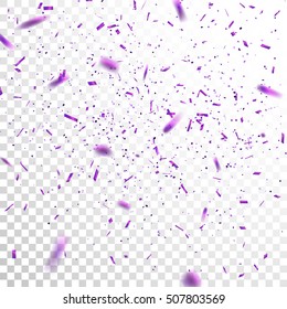 Purple Confetti. Vector Festive Illustration of Falling Shiny Confetti Isolated on Transparent Checkered Background. Holiday Decorative Tinsel Element for Design