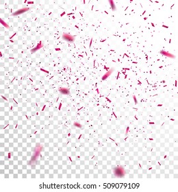 Purple Confetti. Vector Festive Illustration of Falling Shiny Confetti Glitters Isolated on Transparent Checkered Background. Holiday Decorative Tinsel Element for Design