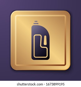 Purple Container with drain cleaner icon isolated on purple background. Detergent in plastic bottle. Gold square button. Vector Illustration