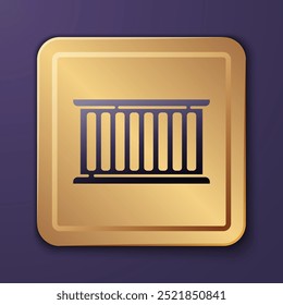 Purple Container icon isolated on purple background. Crane lifts a container with cargo. Gold square button. Vector Illustration