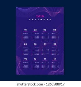 Vector de calendario con patrones de contorno púrpura 2019