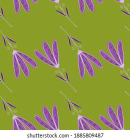 Purple contoured flowers seamless doodle pattern. Green background. Decorative botanic artwork. Flat vector print for textile, fabric, giftwrap, wallpapers. Endless illustration.