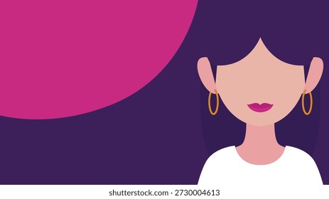 Fondo púrpura del espacio de la copia con una ilustración de una mujer con el pelo púrpura y la camisa blanca convenientes para celebrar el Día Internacional de la Mujer el 8 de marzo.