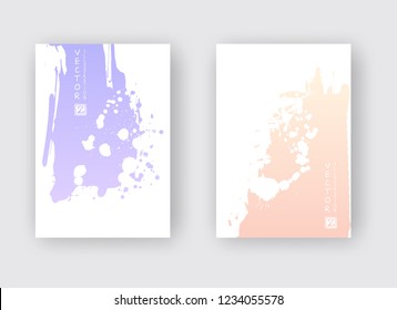Purple coral gradient ink brush stroke poster on white background. Japanese style. Vector illustration of grunge stains