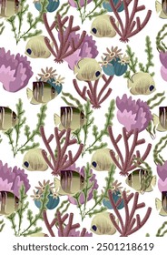 Purple coral pattern with sea plants and sea fish