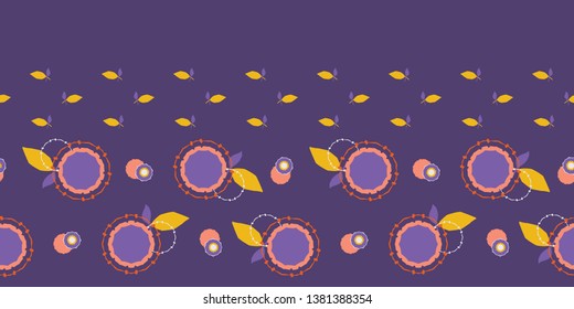 Purple coral red flower circles. Vector border pattern seamless background. Hand drawn floral retro daisies. Stylish graphic illustration. Trendy boho home decor. Feminine elegant fashion ribbon trim.