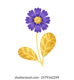 Purple cornflower with golden leaves. Element for design on white background. Isolated vector illustration.