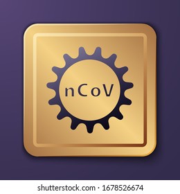 Purple Corona virus 2019-nCoV icon isolated on purple background. Bacteria and germs, cell cancer, microbe, fungi. Gold square button. Vector Illustration