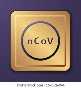 Purple Corona virus 2019-nCoV icon isolated on purple background. Bacteria and germs, cell cancer, microbe, fungi. Gold square button. Vector Illustration