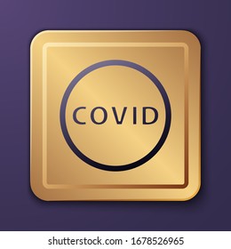 Purple Corona virus covid-19 icon isolated on purple background. Bacteria and germs, cell cancer, microbe, fungi. Gold square button. Vector Illustration