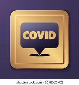 Purple Corona virus covid-19 on location icon isolated on purple background. Bacteria and germs, cell cancer, microbe, fungi. Gold square button. Vector Illustration