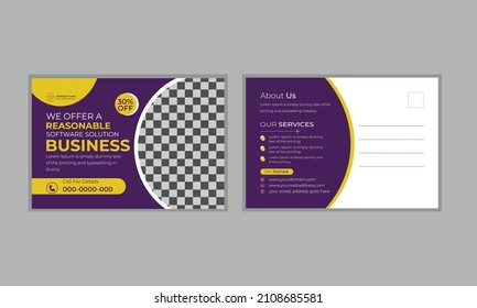 Postcard Purple Corporate o plantilla de diseño de postales EDDM, plantilla de diseño de postales con fondo blanco, inmobiliaria corporativa, diseño de postales médicas con color amarillo