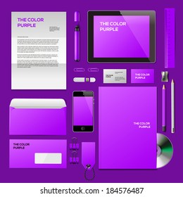 Purple Corporate ID mockup. Consist of business cards, cd disk, notepad, pen, envelope, badge, stationery, usb flash drive, folder, tablet, smart phone, blank. Vector illustration. 