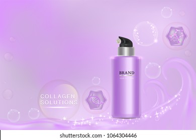Purple cosmetic container with advertising background ready to use, luxury skin care ad. vector 3d illustration.