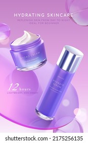 Purple Cosmetic Product Ad Template. 3d Illustration Of Jar And Bottle Flying Among Glass Disks And Crystal Balls.