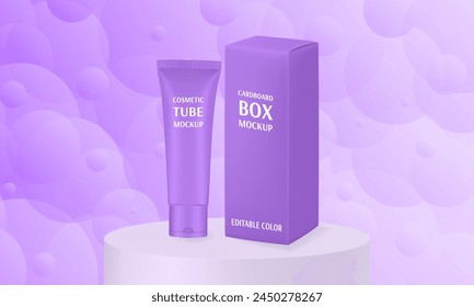 Purple cosmetic tube and box on a podium. Realistic mockup. Ointment or salve. Gel serum. Korean packaging. Blank cardboard package	