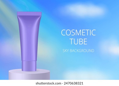 Purple cosmetic tube on a podium. Realistic mockup. Ointment or salve. Gel serum. Korean packaging. Sky, clouds, rays of light and rainbow