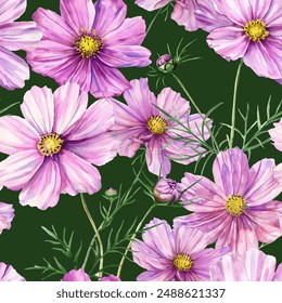 Purple cosmos flowers vector seamless pattern. Summer dress fabric print design.Pink purple cosmos flowers and buds, green leaves. Mexican aster of Cosmos bipinnatus blossom endless 