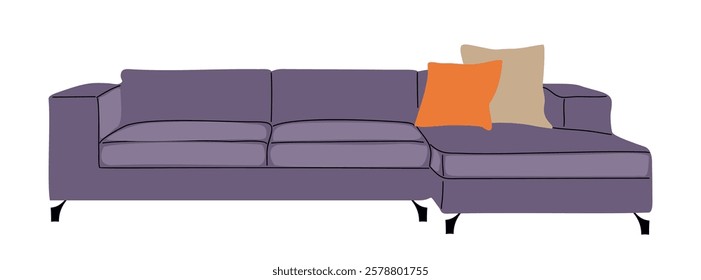 A purple couch with orange pillows on it. Living room interior element. The couch is long and has a sectional design. Colorful flat vector illustration isolated on white background. 