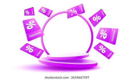 Purple coupons with percentage fly near podium. Vector illustration