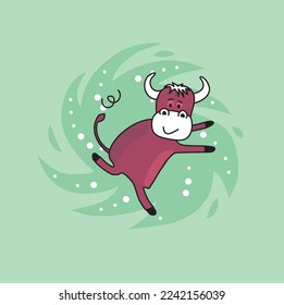 purple cow dancing on one leg and waving her tail