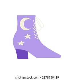 Purple cowgirl boots with moon and stars. Wild west, western, texas hand drawn vector trendy illustration. 