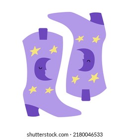 Purple cowgirl boots with moon and stars. Wild west, western, texas hand drawn vector trendy illustration. 