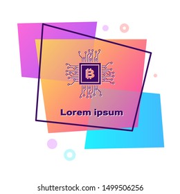 Purple CPU mining farm icon isolated on white background. Bitcoin sign inside processor. Cryptocurrency mining community. Digital money. Color rectangle button. Vector Illustration