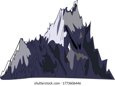 Purple craggy mountain with snowy peaks isolated