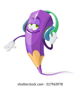 Purple Crayon cartoon character with headphones listening to mus