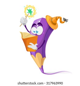 Purple Crayon cartoon character wearing a hat reading a book of 