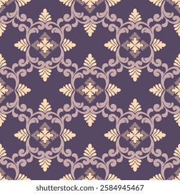 Purple and cream damask seamless pattern with decorative flowers. Victorian style. Idea for pottery, tiles, rugs, carpets, blankets, print fabric, and paper decoration.