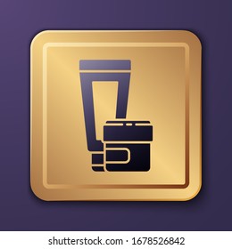 Purple Cream or lotion cosmetic tube icon isolated on purple background. Body care products for men. Gold square button. Vector Illustration