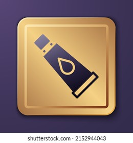 Purple Cream or lotion cosmetic tube icon isolated on purple background. Body care products for woman. Gold square button. Vector