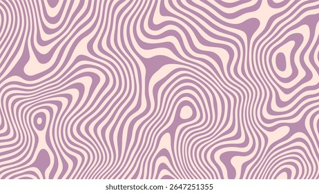 Purple and cream psychedelic groovy wave pattern. Fluid swirling lines abstract background. Hippie retro style for fabric print.