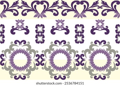 Purple, cream, white embroidery, motif ethnic ikat seamless textile illustration, print striped ornament, pattern, design for wrapping, silk, scarf, clothing, background, textile, carpets, curtains.